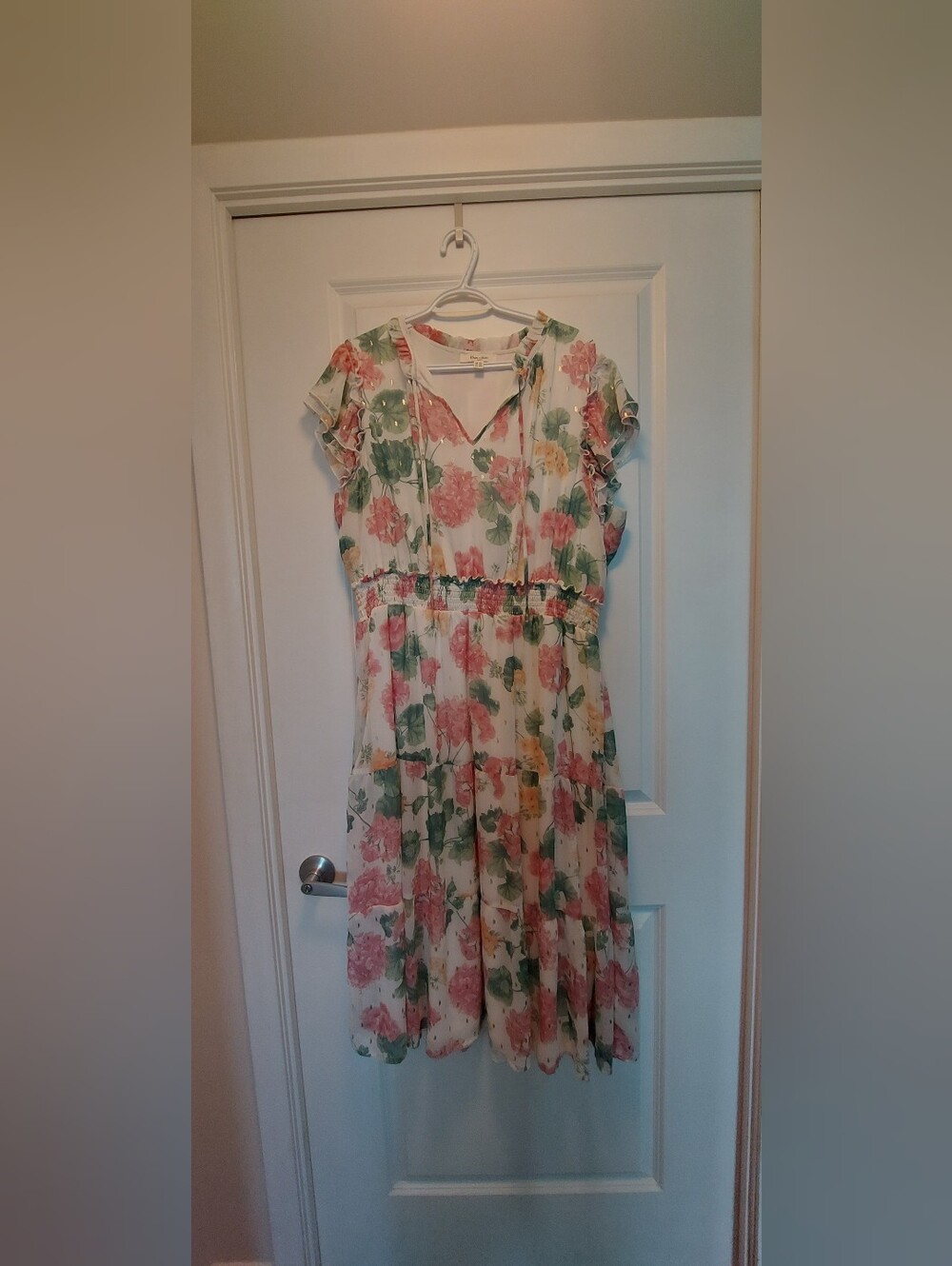 Floral V-Neck Ruffle Sleeve Dress - White with Pink & Green & Gold Accents